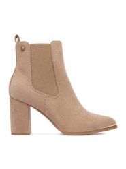 DeeZee Botki HX22069A-3 Beżowy. Brązowe botki DeeZee, bez wzorów, z materiału, bez obcasa, na słupku, bez zapięcia. Za 199.99 zł.