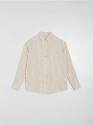 Koszula oversize w paski, z wiskozą i domieszką lnu - wielobarwny. Koszule Sinsay, l, bez wzorów, z wiskozy, bez kołnierzyka, bez ramiączek. Za 49.99 zł.