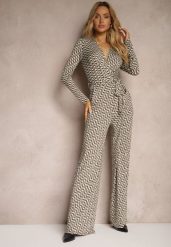 Ciemnoszary Kombinezon z Wiskozą w Geometryczny Wzór z Paskiem Nailaia. Szare sukienki Renee, na co dzień, l, bez wzorów, z wiskozy, eleganckie, bez kołnierzyka, bez ramiączek, kopertowe. Za 119.99 zł.
