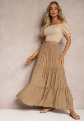 Ciemnobeżowa Wiskozowa Spódnica High Waist z Gumką w Talii i Falbanką Christiara. Brązowe spódnice Renee, na lato, bez wzorów, z materiału, maxi. Za 39.99 zł.