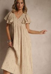 Beżowa Rozkloszowana Sukienka z Bawełny Zdobiona Falbanami Silonia. Brązowe sukienki Renee, na spotkanie biznesowe, na lato, l, z aplikacjami, z bawełny, eleganckie, bez kołnierzyka, bez ramiączek, rozkloszowane. Za 109.99 zł.