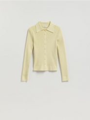 Kardigan z kołnierzykiem - jasnozielony. Zielone kardigany Reserved, l, bez wzorów, z dzianiny. Za 119.99 zł.