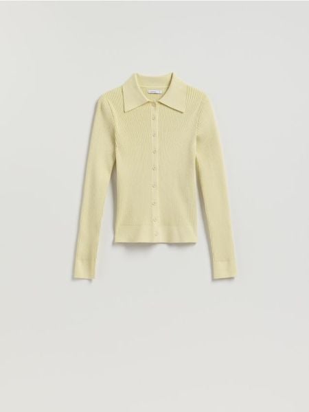 Kardigan z kołnierzykiem - jasnozielony. Zielone kardigany Reserved, l, bez wzorów, z dzianiny. Za 119.99 zł.