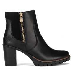 Botki Rieker. Czarne botki Rieker, bez wzorów, bez obcasa, na słupku, bez zapięcia. Za 343.00 zł.