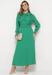 Zielona Rozkloszowana Sukienka Maxi Wiązana przy Dekolcie Ozdobiona Falbankami Nuteki. Zielone sukienki Born2be, na imprezę, m, bez wzorów, eleganckie, bez kołnierzyka, bez ramiączek, maxi, rozkloszowane. Za 109.99 zł.