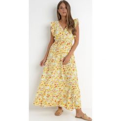 Żółta Sukienka Timaia. Żółte sukienki Born2be, s, z aplikacjami, z tkaniny, bez kołnierzyka, bez ramiączek, maxi, kopertowe. Za 29.99 zł.
