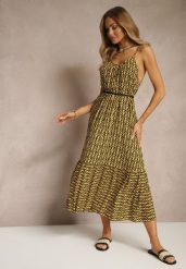 Żółta Sukienka z Bawełny Ozdobiona Geometrycznym Motywem Nilavionea. Żółte sukienki Renee, na spotkanie biznesowe, na lato, l, z aplikacjami, z bawełny, eleganckie, bez kołnierzyka, bez ramiączek, midi. Za 39.99 zł.