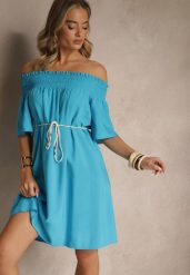 Niebieska Sukienka Hiszpanka z Bawełną i Wiskozą Ozdobiona Sznurkiem Lilarelle. Niebieskie sukienki Renee, na co dzień, na wiosnę, m, bez wzorów, z bawełny, eleganckie, bez kołnierzyka, bez ramiączek, mini, z odkrytymi ramionami. Za 49.99 zł.