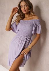 Fioletowa Sukienka Hiszpanka Mini z Wiskozy Folna. Fioletowe sukienki Renee, na lato, m, bez wzorów, z wiskozy, bez kołnierzyka, bez ramiączek, mini, dopasowane. Za 44.99 zł.