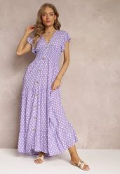 Fioletowa Rozkloszowana Sukienka Maxi w Kropki z Gumką w Talii Janey. Fioletowe sukienki Renee, na co dzień, l, bez wzorów, bez kołnierzyka, bez ramiączek, maxi, rozkloszowane. W wyprzedaży za 52.49 zł.