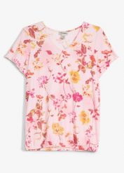 Bluzka z nadrukiem w kwiaty. Czerwone bluzki bonprix, bez wzorów, eleganckie, bez kołnierzyka, bez ramiączek. Za 69.99 zł.