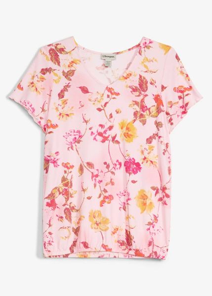Bluzka z nadrukiem w kwiaty. Czerwone bluzki bonprix, bez wzorów, eleganckie, bez kołnierzyka, bez ramiączek. Za 69.99 zł.