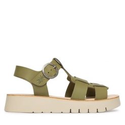 Sandały Fly London. Zielone sandały Fly London, bez wzorów, bez obcasa, na płaskiej podeszwie, bez zapięcia. Za 505.99 zł.