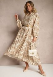 Beżowa Wiskozowa Sukienka w Ornamentalny Wzór o Rozkloszowanym Kroju Gonalia. Brązowe sukienki Renee, na co dzień, l, bez wzorów, z wiskozy, eleganckie, bez kołnierzyka, bez ramiączek, maxi, oversize. Za 104.99 zł.