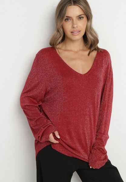 Bordowy Wiskozowy Sweter o Pudełkowym Kroju z Metaliczną Nitką Essmia. Czerwone swetry Born2be, plus size, bez wzorów, z dzianiny, bez ramiączek. Za 79.99 zł.