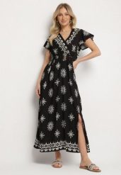 Czarna Sukienka w Ornamentalny Wzór z Elastycznym Paskiem Tosvanna. Czarne sukienki Born2be, na co dzień, l, z aplikacjami, eleganckie, bez kołnierzyka, bez ramiączek, maxi, kopertowe. Za 79.99 zł.