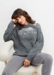 Sweter z cekinami. Szare swetry bonprix, bez wzorów, bez ramiączek. Za 169.99 zł.