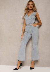 Jasnoniebieski Taliowany Jeansowy Kombinezon z Bawełny z Dzwonami z Guzikami i Imitacją Kieszeni Abnelia. Niebieskie sukienki Renee, na spotkanie biznesowe, xs, bez wzorów, z bawełny, eleganckie, bez kołnierzyka, bez ramiączek, dopasowane. Za 99.99 zł.