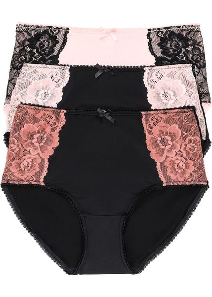 Figi maxi z mikrofibry z koronką (3 pary). Czarne figi bonprix, bez wzorów, z koronki. Za 62.99 zł.