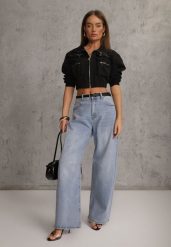 Niebieskie Jeansy Balloon z Bawełną High Waist Pronadina. Niebieskie jeansy Renee, l, bez wzorów, z podwyższonym stanem. Za 109.99 zł.