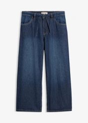 Jeansy z szerokimi nogawkami, cropped. Niebieskie jeansy bonprix, bez wzorów. Za 144.99 zł.
