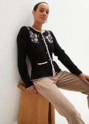 Sweter rozpinany w ludowym stylu. Czarne kardigany bonprix, bez wzorów. Za 169.99 zł.
