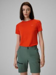 4F Koszulka trekkingowa z wełną merino damska - pomarańczowa M. Brązowe bluzki 4f, l, bez wzorów, z tkaniny, wizytowe, bez kołnierzyka, bez ramiączek. Za 199.99 zł.