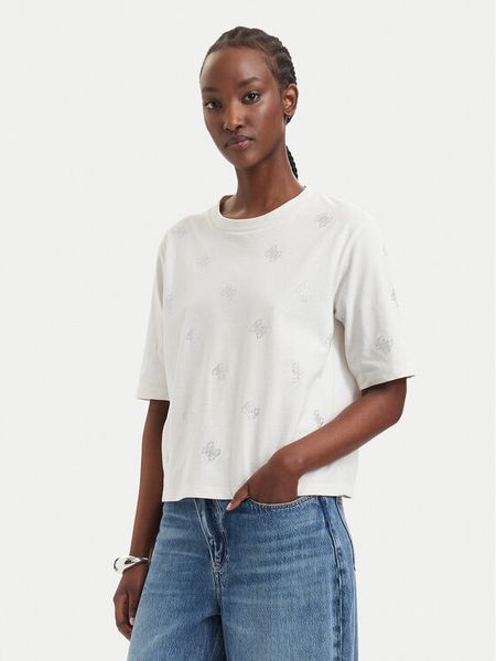 Guess T-Shirt V6GI18 K2985 Kremowy Regular Fit. Białe t-shirty Guess, s, z aplikacjami, z bawełny, bez kołnierzyka, bez ramiączek. Za 132.99 zł.