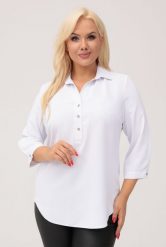 Elegancka biała gładka koszula z kołnierzykiem PLUS SIZE XXL. Białe koszulki sportowe Nasi partnerzy, bez wzorów, z poliesteru, bez ramiączek. Za 199.90 zł.