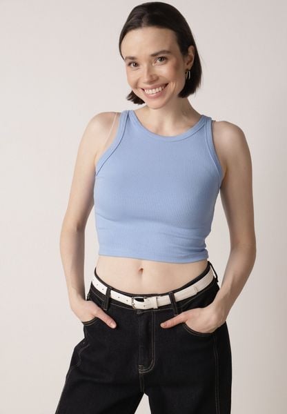 Niebieski Top z Prążkowanego Materiału Zitessa. Niebieskie topy Born2be, m, bez wzorów, z jeansu, bez kołnierzyka, bez ramiączek. Za 24.99 zł.