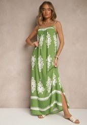 Zielona Rozkloszowana Sukienka na Ramiączkach w Ornamentalny Print Reveleine. Zielone sukienki Renee, na co dzień, l, z aplikacjami, bez kołnierzyka, bez ramiączek, maxi, dopasowane. Za 54.99 zł.