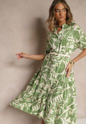 Zielona Rozkloszowana Sukienka z Wiskozy Ozdobiona Falbaną Filesenia. Zielone sukienki Renee, na spotkanie biznesowe, l, bez wzorów, z wiskozy, eleganckie, bez kołnierzyka, bez ramiączek, midi, rozkloszowane. Za 59.99 zł.