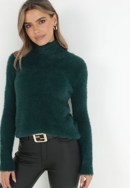 Ciemnozielony Golf Wełniany Karle. Zielone golfy Born2be, uniwersalny, bez wzorów, z jeansu, bez ramiączek. Za 39.99 zł.