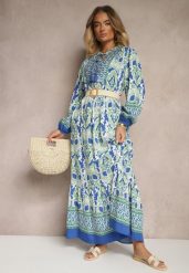 Niebiesko-Zielona Rozkloszowana Sukienka w Ornamentalny Wzór Zdobiona Wiązaniem z Frędzlami Ridira. Niebieskie sukienki Renee, na co dzień, l, z aplikacjami, eleganckie, bez kołnierzyka, bez ramiączek, midi, proste. Za 129.99 zł.