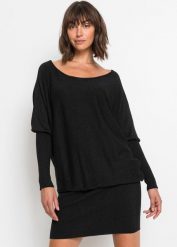 Sukienka dzianinowa z połyskiem. Czarne sukienki bonprix, bez wzorów, z dzianiny, eleganckie, bez kołnierzyka, bez ramiączek. Za 149.99 zł.
