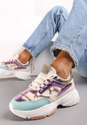 Beżowo-Fioletowe Sneakersy Ozdobione Sznureczkiem z Cyrkoniami Nathanias. Brązowe obuwie sportowe Renee, z jeansu, bez zapięcia. Za 119.99 zł.