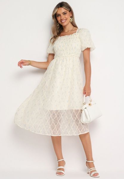 Beżowo-Niebieska Rozkloszowana Sukienka z Bufiastymi Rękawami i Marszczoną Górą Vikinania. Brązowe sukienki Born2be, na co dzień, na lato, bez wzorów, bez kołnierzyka, bez ramiączek, rozkloszowane. Za 179.99 zł.