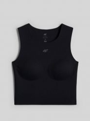 4F Crop top do jogi szybkoschnący damski - czarny XL. Czarne koszulki sportowe 4f, bez wzorów, z materiału, bez ramiączek, na fitness i siłownię. Za 129.99 zł.