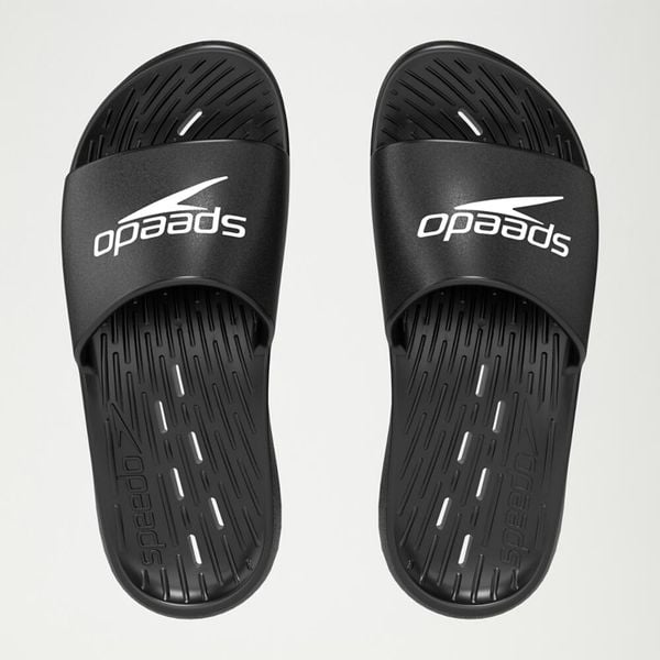 Klapki basenowe antypoślizgowe damskie Speedo Slides. Czarne klapki Speedo, bez wzorów, z materiału, bez obcasa. Za 68.59 zł.