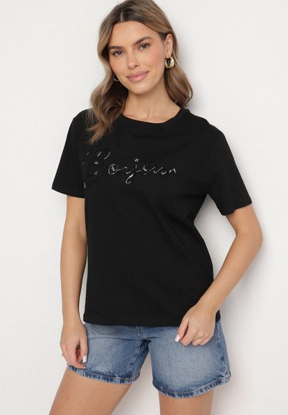 Czarny T-shirt z Bawełny o Kroju Oversize z Haftem i Cekinami Uliowena. Czarne t-shirty Born2be, m, bez wzorów, z bawełny, bez kołnierzyka, bez ramiączek. Za 39.99 zł.