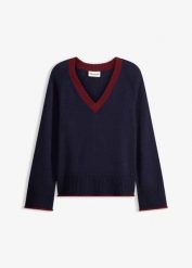 Sweter z kontrastującymi paskami. Niebieskie swetry bonprix, bez wzorów, bez ramiączek. Za 102.99 zł.