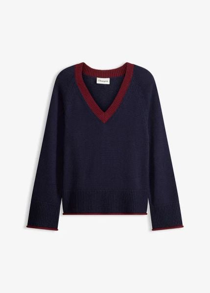 Sweter z kontrastującymi paskami. Niebieskie swetry bonprix, bez wzorów, bez ramiączek. Za 102.99 zł.