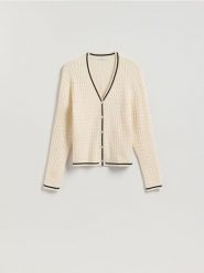 Strukturalny kardigan z wiskozą - kremowy. Białe kardigany Reserved, l, bez wzorów, z dzianiny. Za 109.99 zł.