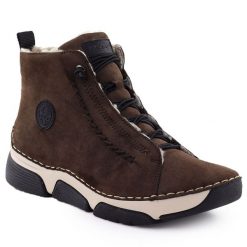 Botki damskie zamszowe brązowe Rieker 45912-25. Brązowe botki Rieker, bez wzorów, z nubiku, bez obcasa, bez zapięcia. Za 379.00 zł.
