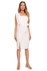 Dopasowana Sukienka na Jedno Ramię - Ecru. Czerwone sukienki MOE, l, bez wzorów, z elastanu, wizytowe, bez kołnierzyka, bez ramiączek, dopasowane. Za 289.90 zł.