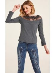 Heine Koszulka w kolorze antracytowym rozmiar: 48. Czarne bluzki Heine, bez wzorów, z koronki, bez kołnierzyka, bez ramiączek. Za 60.73 zł.