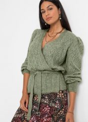 Sweter kopertowy. Zielone swetry bonprix, bez wzorów, bez ramiączek. Za 159.99 zł.