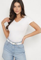 Biały T-shirt z Bawełny o Prostym Kroju z Dekoltem w Serek Fevireena. Białe t-shirty Born2be, l, bez wzorów, z bawełny, bez kołnierzyka, bez ramiączek. Za 39.99 zł.