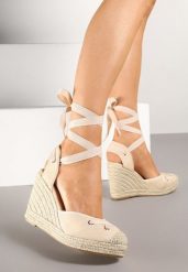 Beżowe Sandały w Stylu Espadryli na Koturnie z Plecionki z Wiązaniem Alariel. Brązowe sandały Renee, bez wzorów, boho, bez obcasa, na koturnie, bez zapięcia. Za 99.99 zł.