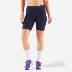Legginsy do biegania krótkie damskie Kiprun Run 900 Light. Niebieskie legginsy KIPRUN, l, bez wzorów, z materiału, z podwyższonym stanem, do biegania. Za 99.99 zł.